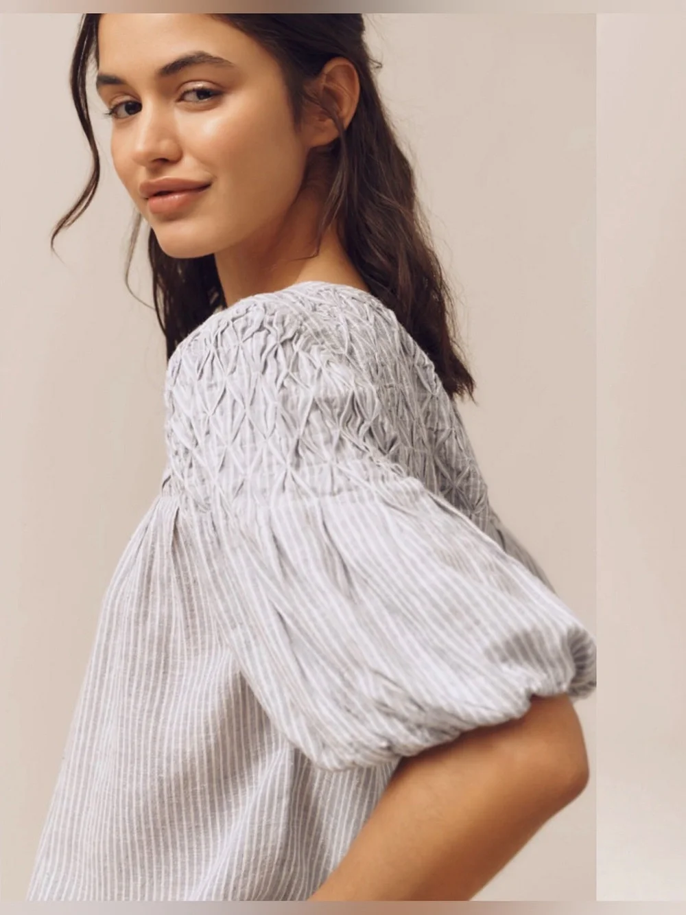 By Anthropologie Liza Puff-Sleeve - Blue/White Smocked Linen Top